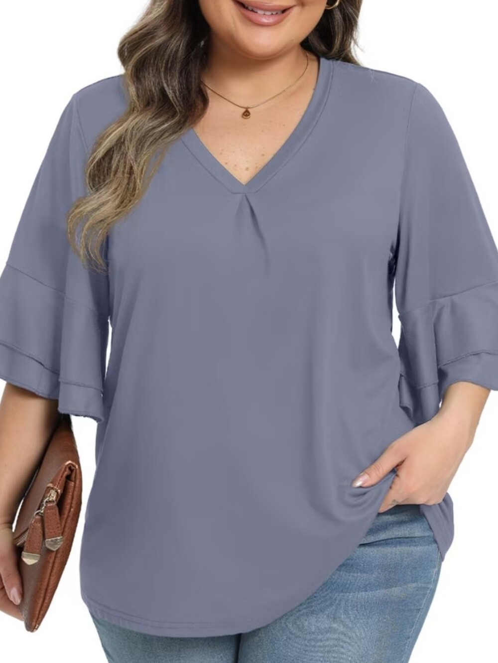 LOFT Dusty Blue Ruffle Sleeve V-Neck Blouse Sz XL